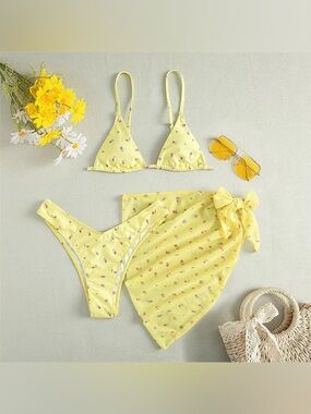 Yellow Floral Triangle Bikini Set with Cover-Up